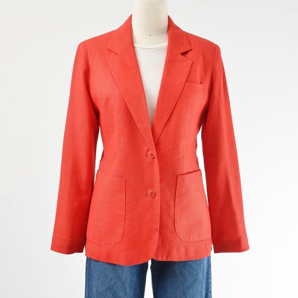 Vintage 70s Red Linen Blazer Fitted Tailored Retro Classic Suit Jacket XS S